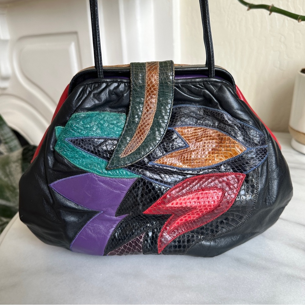 VINTAGE • 80s Jewel Tone Leather Crossbody Bag Punk Bohemian Boho Weird Girl - Picture 2 of 16